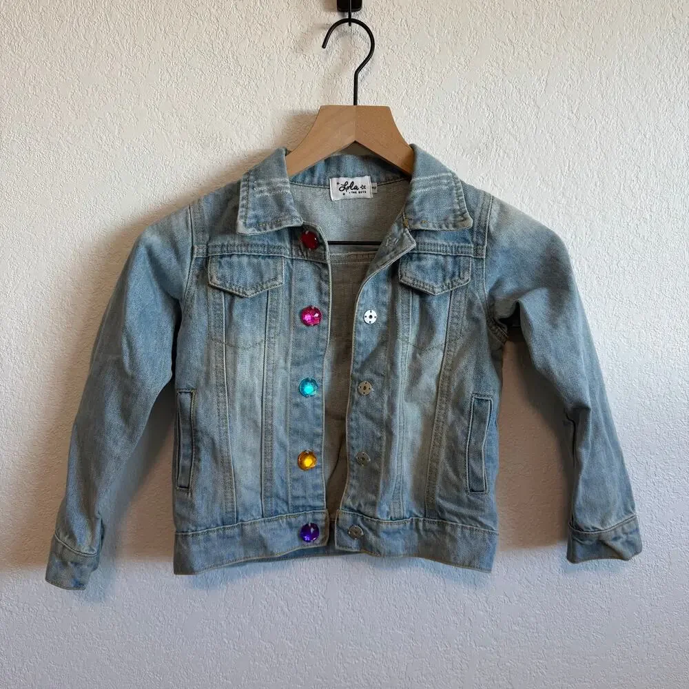 Lola + The Boys Girl's Somewhere Over The Rainbow Sequin Denim Jacket Blue 4